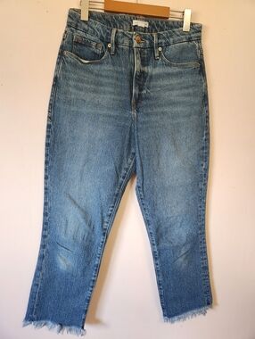 Good American Good Boy High Rise Straight Leg Jeans Distressed Chewed Hem 4/27